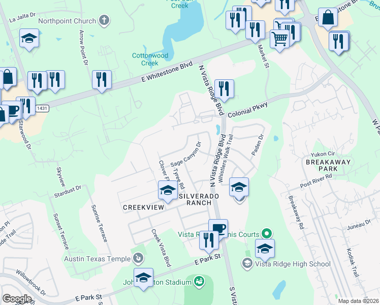 map of restaurants, bars, coffee shops, grocery stores, and more near 2209 Sage Canyon Drive in Cedar Park