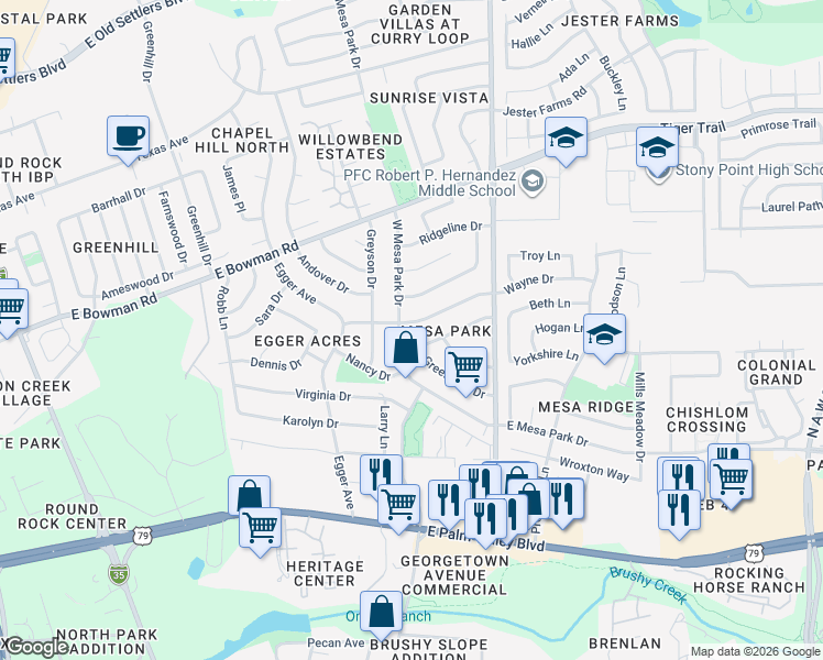 map of restaurants, bars, coffee shops, grocery stores, and more near 903 Wayne Drive in Round Rock