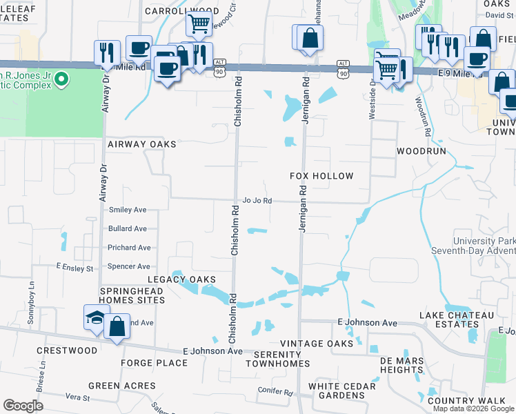 map of restaurants, bars, coffee shops, grocery stores, and more near 1135 Jojo Road in Pensacola