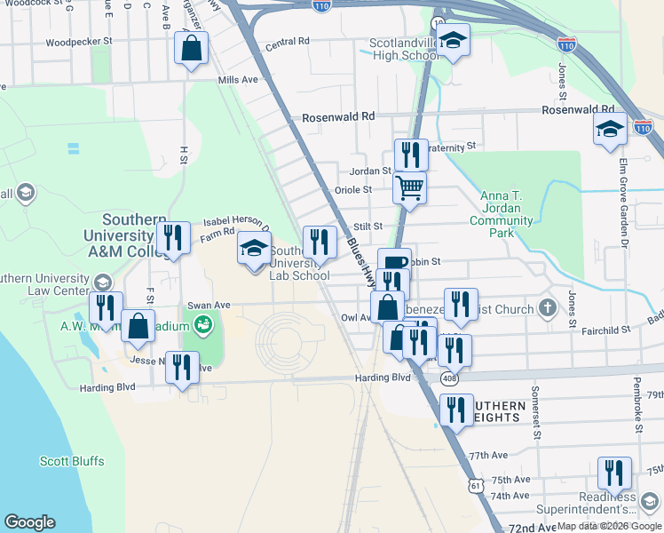 map of restaurants, bars, coffee shops, grocery stores, and more near 962 Sparrow Street in Baton Rouge