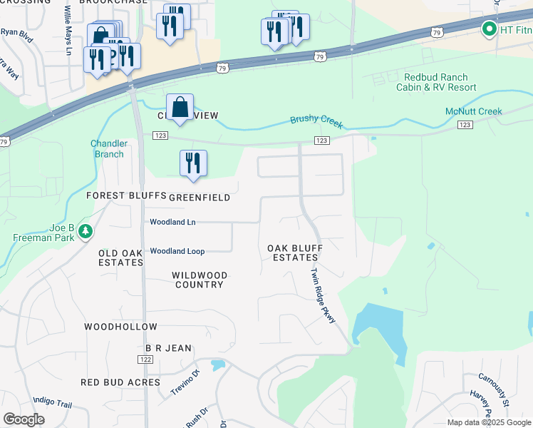 map of restaurants, bars, coffee shops, grocery stores, and more near 22 Meandering Way in Round Rock