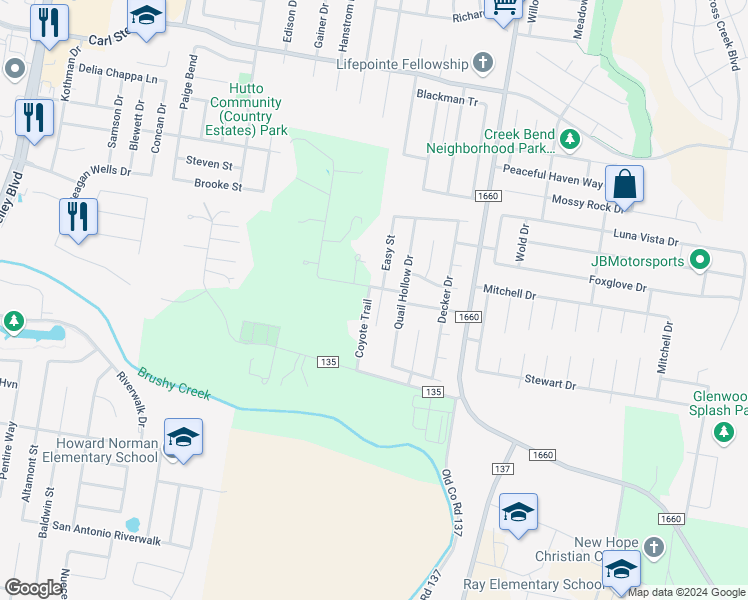 map of restaurants, bars, coffee shops, grocery stores, and more near 1005 Easy Cove in Hutto