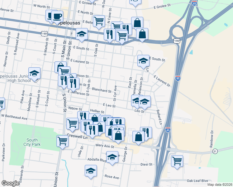 map of restaurants, bars, coffee shops, grocery stores, and more near 998-988 Blanchard Street in Opelousas