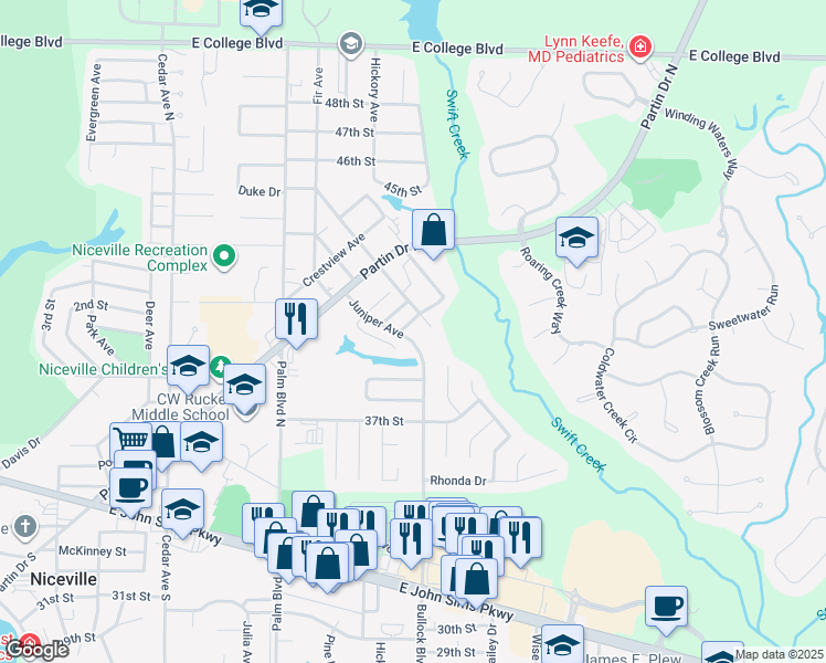map of restaurants, bars, coffee shops, grocery stores, and more near 1087 Forest Lake Terrace in Niceville