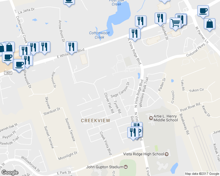 map of restaurants, bars, coffee shops, grocery stores, and more near 2107 Old Sterling Road in Cedar Park
