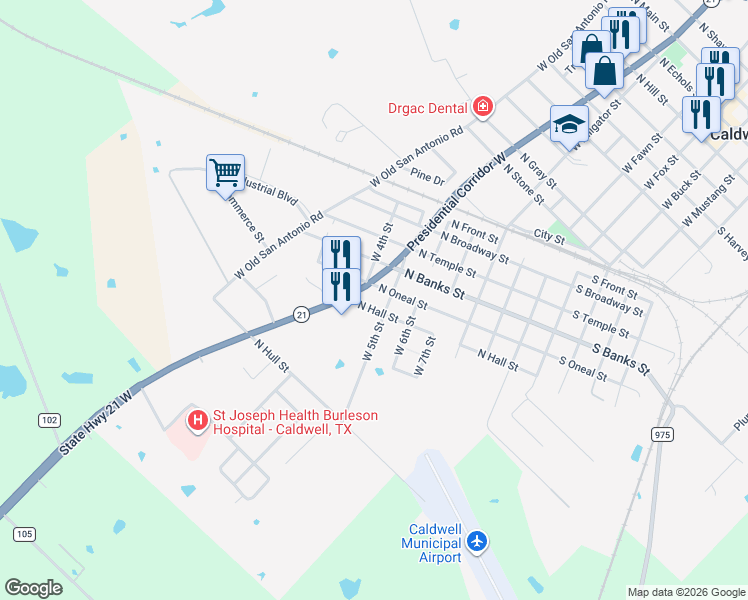 map of restaurants, bars, coffee shops, grocery stores, and more near 604 North Hall Street in Caldwell