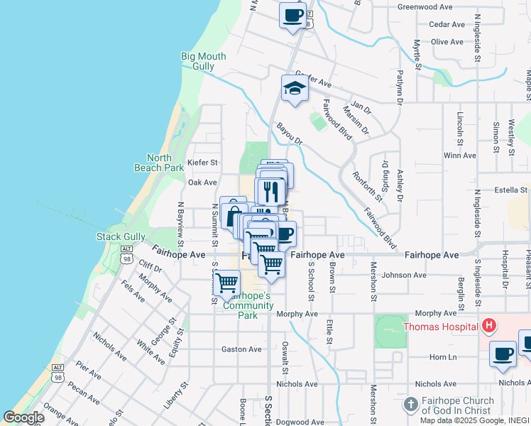 map of restaurants, bars, coffee shops, grocery stores, and more near 61 U.S. 98 Alternate in Fairhope