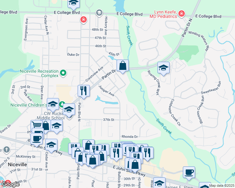 map of restaurants, bars, coffee shops, grocery stores, and more near 1501 Partin Drive North in Niceville