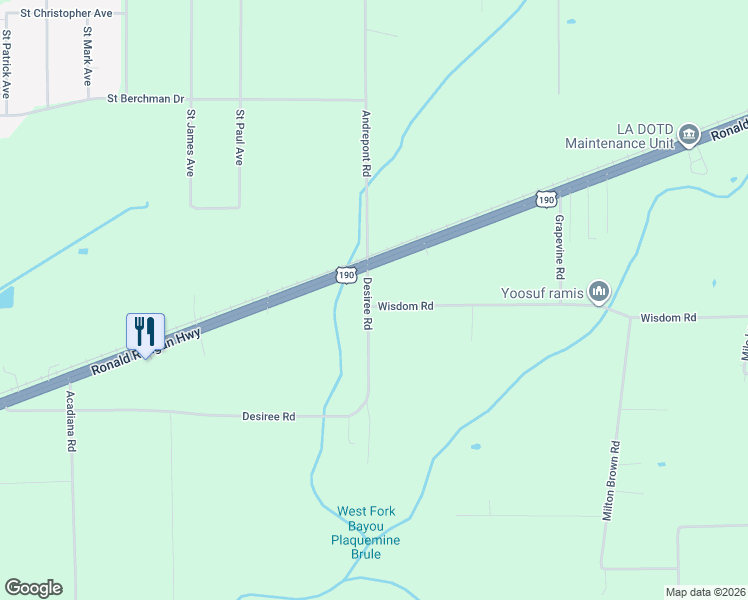 map of restaurants, bars, coffee shops, grocery stores, and more near 117 Wisdom Road in Opelousas