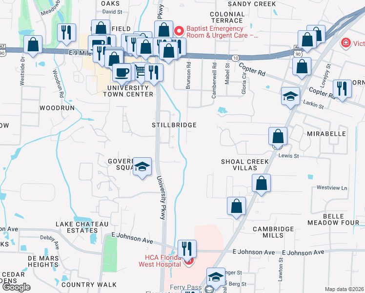 map of restaurants, bars, coffee shops, grocery stores, and more near 8925 Brunson Road in Pensacola