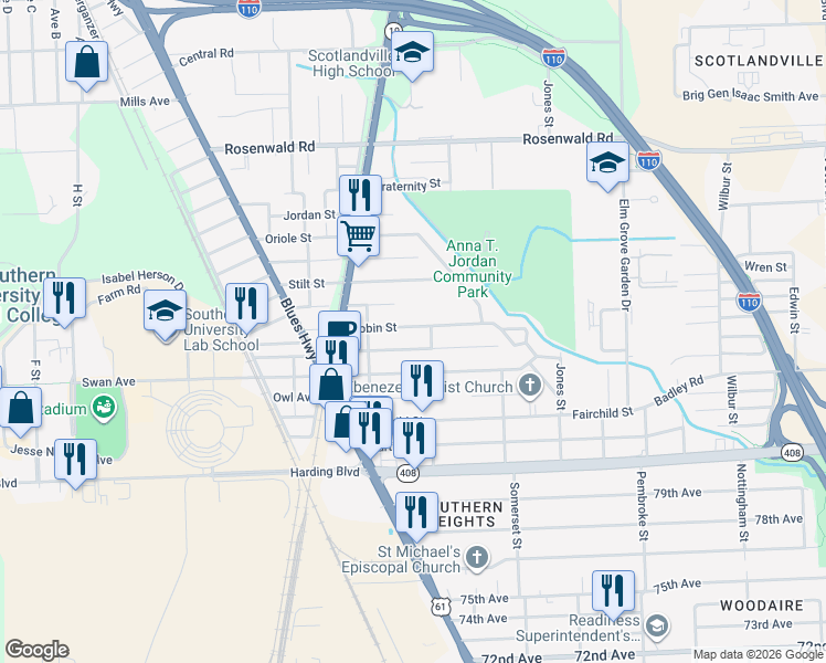 map of restaurants, bars, coffee shops, grocery stores, and more near 1538 Robin Street in Baton Rouge