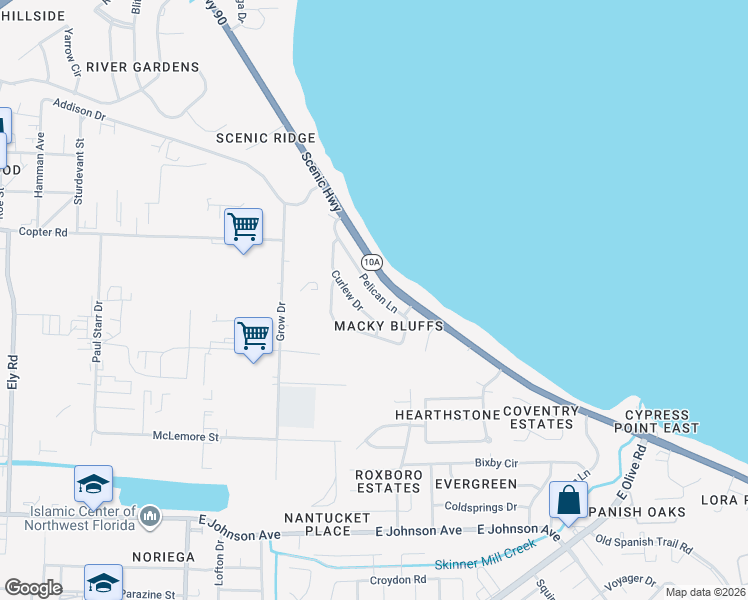 map of restaurants, bars, coffee shops, grocery stores, and more near 4078 Curlew Drive in Pensacola