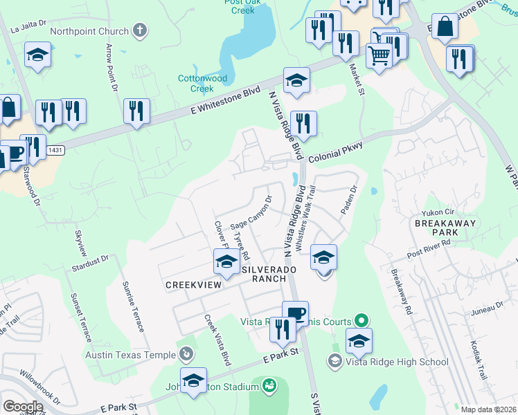 map of restaurants, bars, coffee shops, grocery stores, and more near 2209 Sage Canyon Drive in Cedar Park