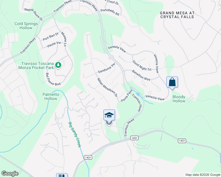 map of restaurants, bars, coffee shops, grocery stores, and more near 2533 Milan Meadows Drive in Leander