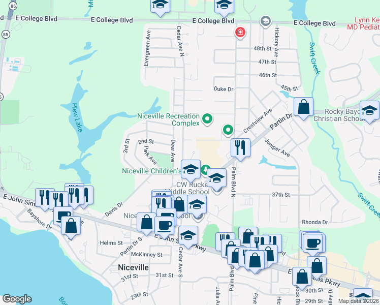 map of restaurants, bars, coffee shops, grocery stores, and more near 109 Elderberry Lane in Niceville