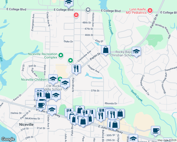 map of restaurants, bars, coffee shops, grocery stores, and more near 1094 Forest Lake Terrace in Niceville