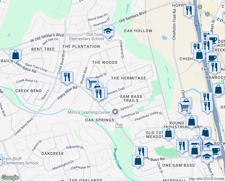 map of restaurants, bars, coffee shops, grocery stores, and more near 1802 Hunters Trail in Round Rock