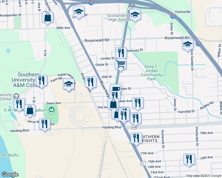 map of restaurants, bars, coffee shops, grocery stores, and more near 8590 Scotland Avenue in Baton Rouge