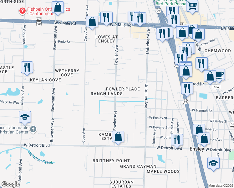 map of restaurants, bars, coffee shops, grocery stores, and more near 8700 Fowler Avenue in Pensacola