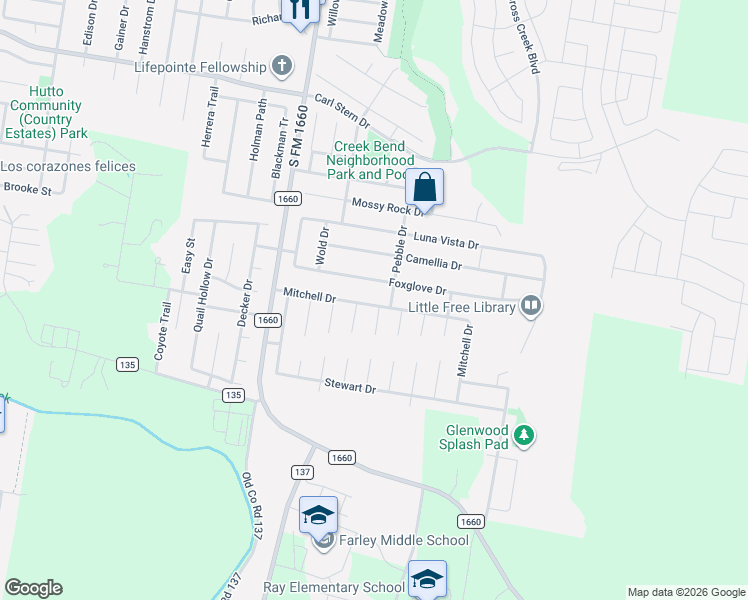 map of restaurants, bars, coffee shops, grocery stores, and more near 602 Mitchell Drive in Hutto