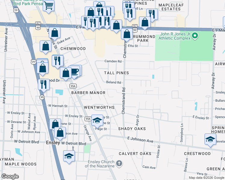 map of restaurants, bars, coffee shops, grocery stores, and more near 8700 Chemstrand Road in Pensacola