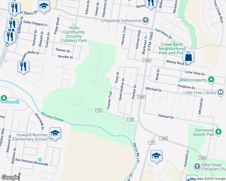 map of restaurants, bars, coffee shops, grocery stores, and more near 1003 Easy Cove in Hutto
