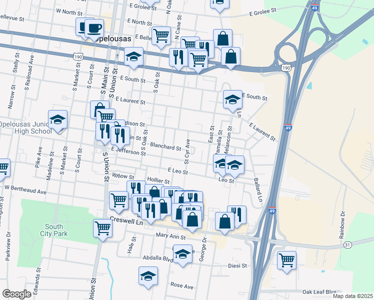 map of restaurants, bars, coffee shops, grocery stores, and more near 998 Blanchard Street in Opelousas