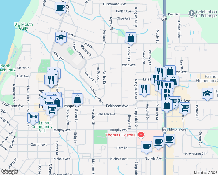 map of restaurants, bars, coffee shops, grocery stores, and more near 20 Greenbrier Lane in Fairhope