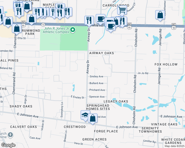 map of restaurants, bars, coffee shops, grocery stores, and more near 640 Smiley Avenue in Pensacola