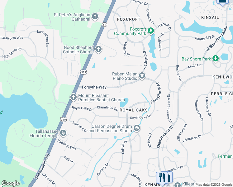 map of restaurants, bars, coffee shops, grocery stores, and more near 3956 Forsythe Park Court in Tallahassee