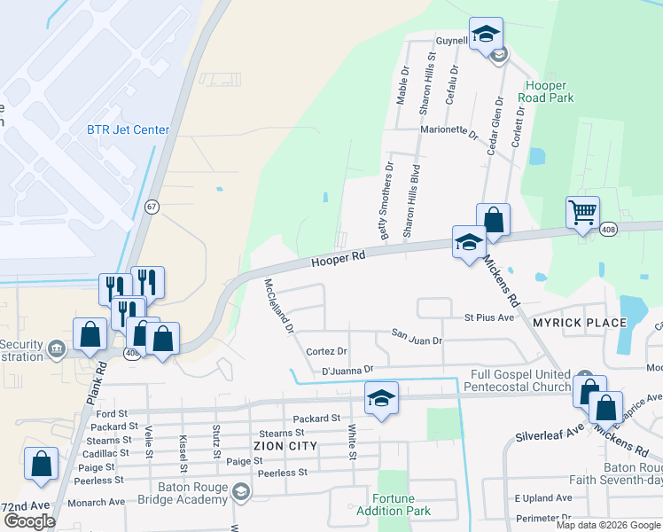 map of restaurants, bars, coffee shops, grocery stores, and more near 5592 Hooper Road in Baton Rouge