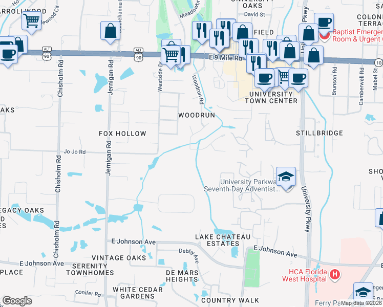 map of restaurants, bars, coffee shops, grocery stores, and more near 9035 Woodrun Road in Pensacola