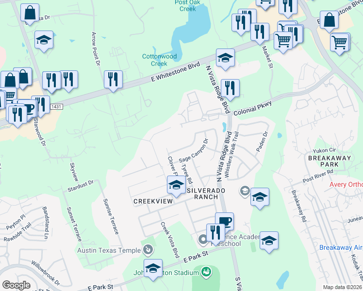 map of restaurants, bars, coffee shops, grocery stores, and more near 2114 Old Sterling Road in Cedar Park