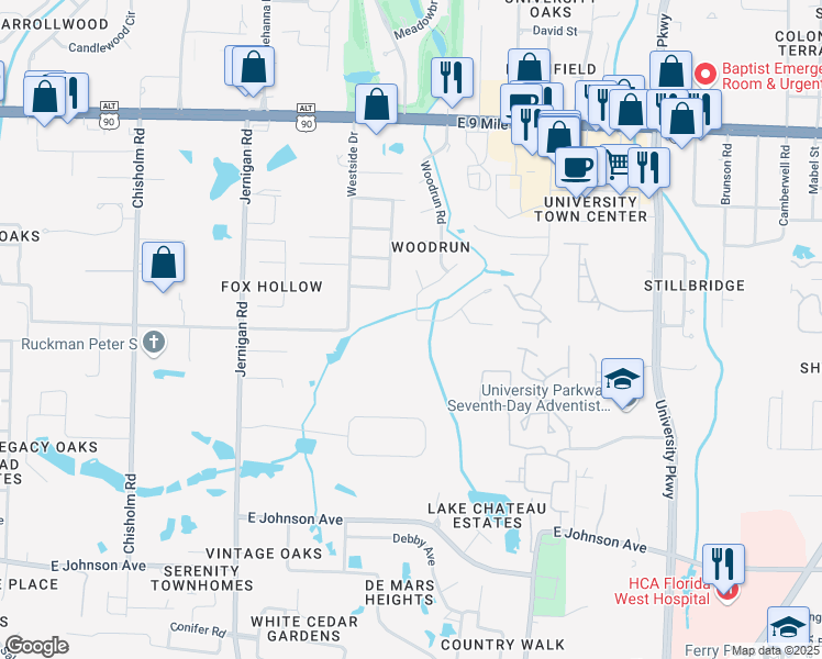 map of restaurants, bars, coffee shops, grocery stores, and more near 9037 Woodrun Road in Pensacola