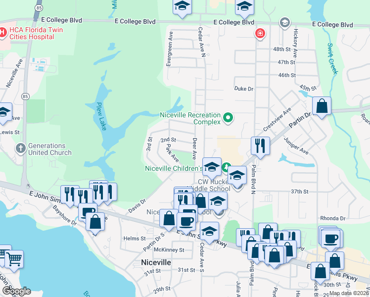 map of restaurants, bars, coffee shops, grocery stores, and more near 211 East Park Avenue in Niceville