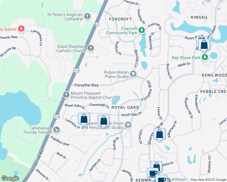 map of restaurants, bars, coffee shops, grocery stores, and more near 3975 Forsythe Park Court in Tallahassee