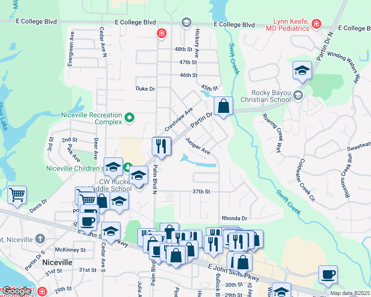 map of restaurants, bars, coffee shops, grocery stores, and more near 1094 Forest Lake Terrace in Niceville