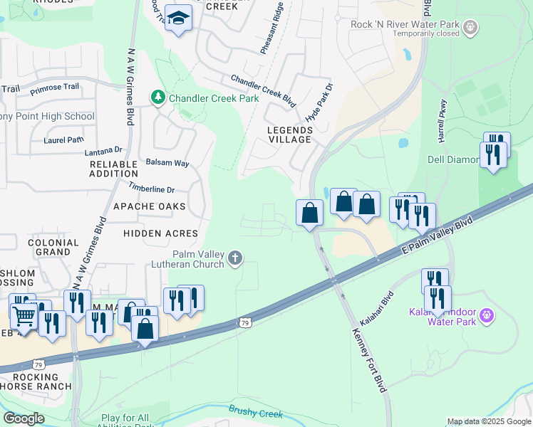 map of restaurants, bars, coffee shops, grocery stores, and more near 2800 Joe Dimaggio Boulevard in Round Rock