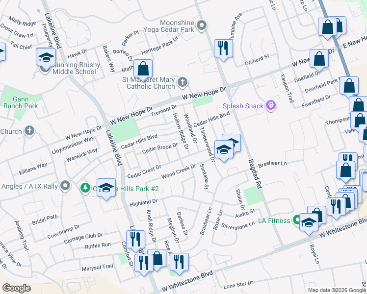 map of restaurants, bars, coffee shops, grocery stores, and more near 1700 Hollow Ridge Drive in Cedar Park