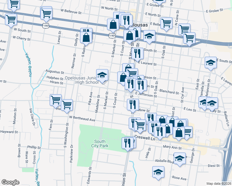 map of restaurants, bars, coffee shops, grocery stores, and more near 124 West Leonard Street in Opelousas