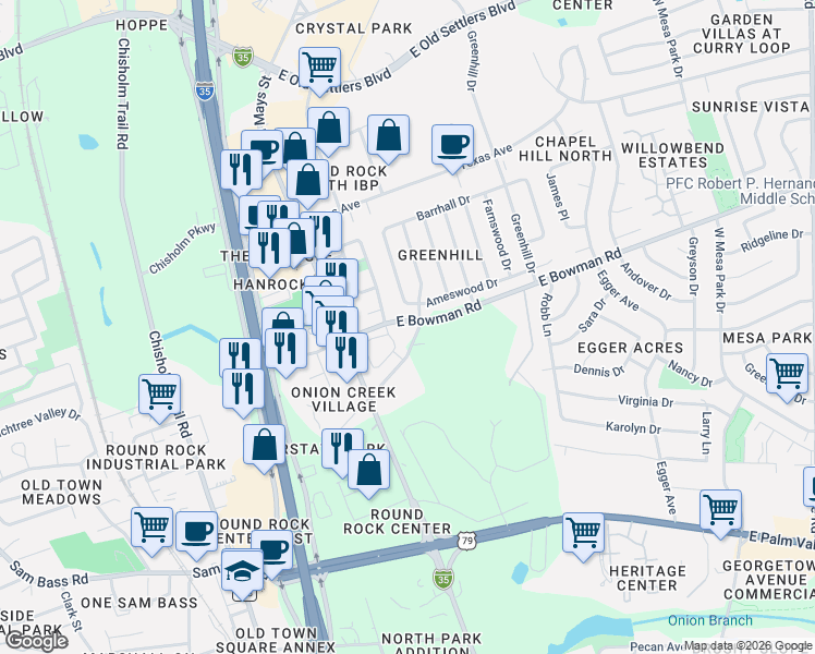 map of restaurants, bars, coffee shops, grocery stores, and more near 101 East Bowman Road in Round Rock