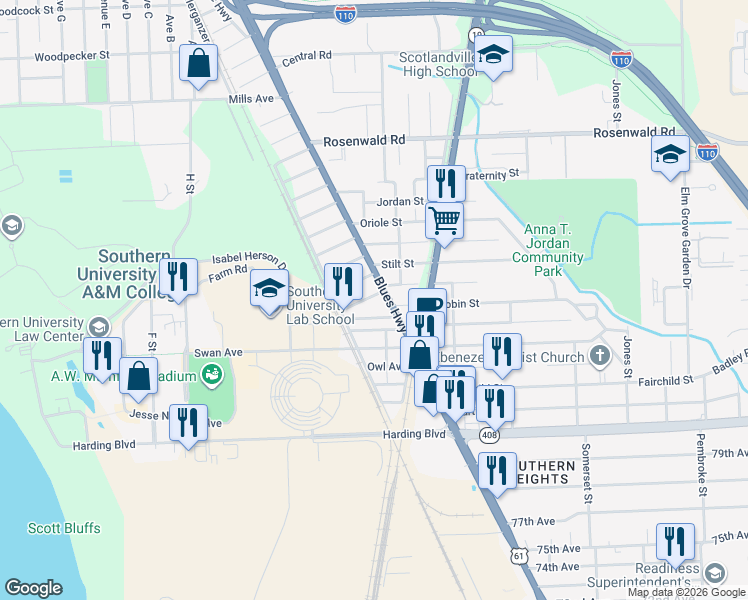 map of restaurants, bars, coffee shops, grocery stores, and more near 1062 Sparrow Street in Baton Rouge