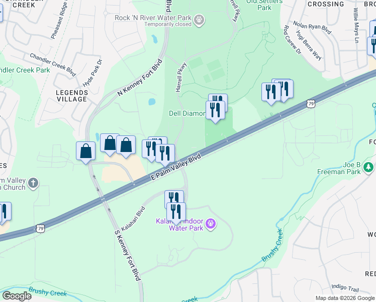 map of restaurants, bars, coffee shops, grocery stores, and more near 3350 East Palm Valley Boulevard in Round Rock