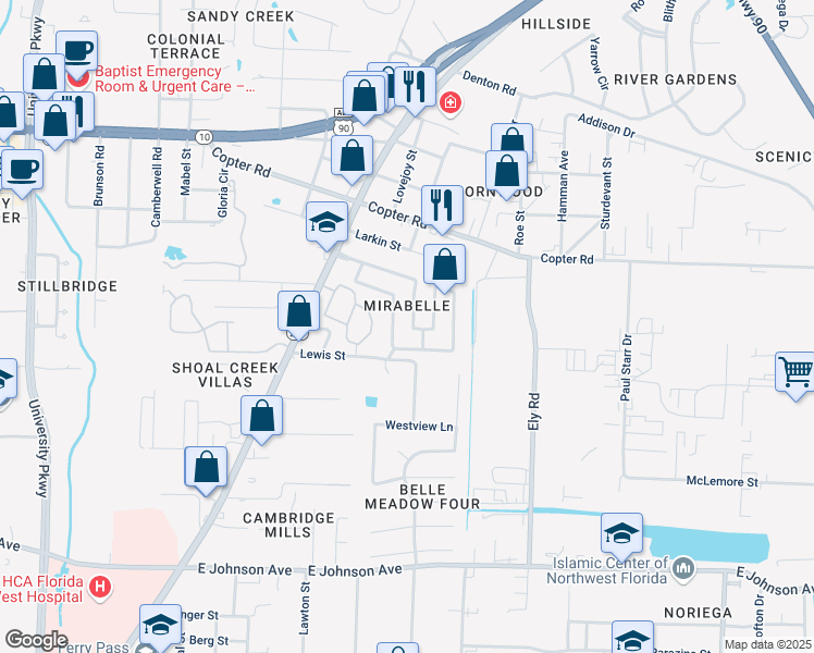 map of restaurants, bars, coffee shops, grocery stores, and more near 361 Mirabelle Drive in Pensacola