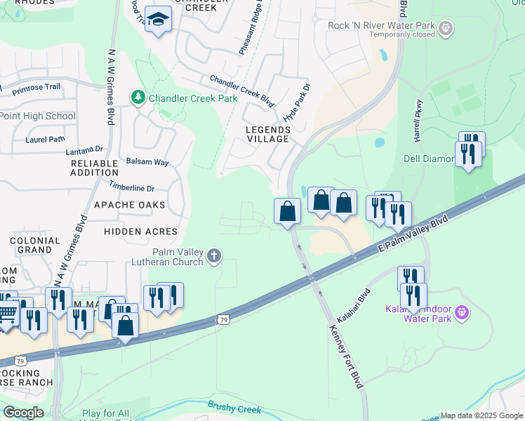 map of restaurants, bars, coffee shops, grocery stores, and more near 2800 Joe Dimaggio Boulevard in Round Rock