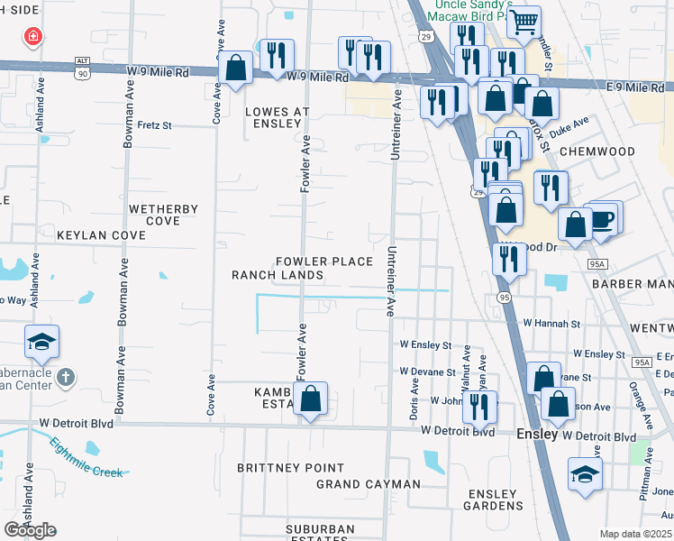 map of restaurants, bars, coffee shops, grocery stores, and more near 935 J E Boyd Lane in Pensacola