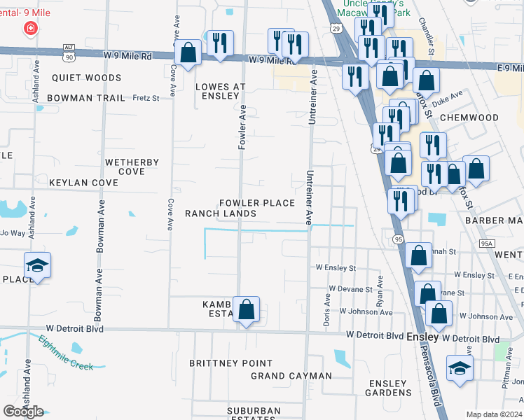 map of restaurants, bars, coffee shops, grocery stores, and more near 935 J E Boyd Lane in Pensacola