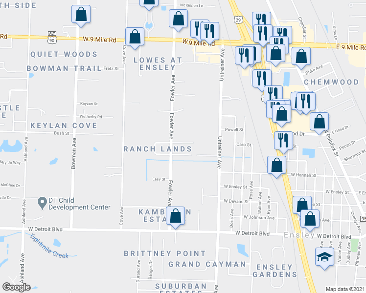 map of restaurants, bars, coffee shops, grocery stores, and more near 8700 Fowler Avenue in Pensacola