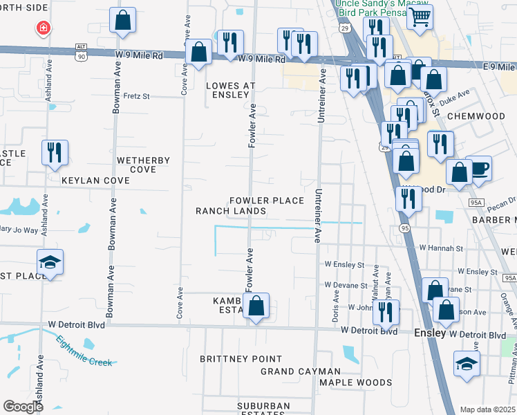 map of restaurants, bars, coffee shops, grocery stores, and more near 8700 Fowler Avenue in Pensacola