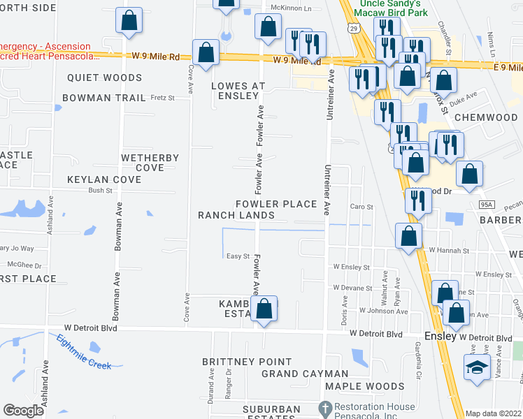map of restaurants, bars, coffee shops, grocery stores, and more near 8700 Fowler Avenue in Pensacola